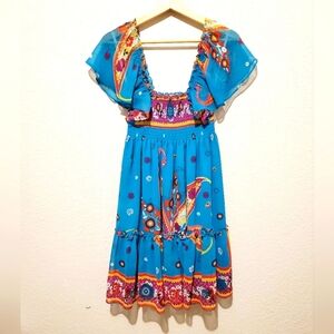 RAMPAGE Boho Smocked Square Neck Flirty Turquoise Dress